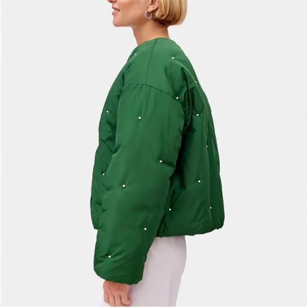 NWT SLEEPER Puffer Jacket in Green with Pearl Details Size L/XL NWT $450